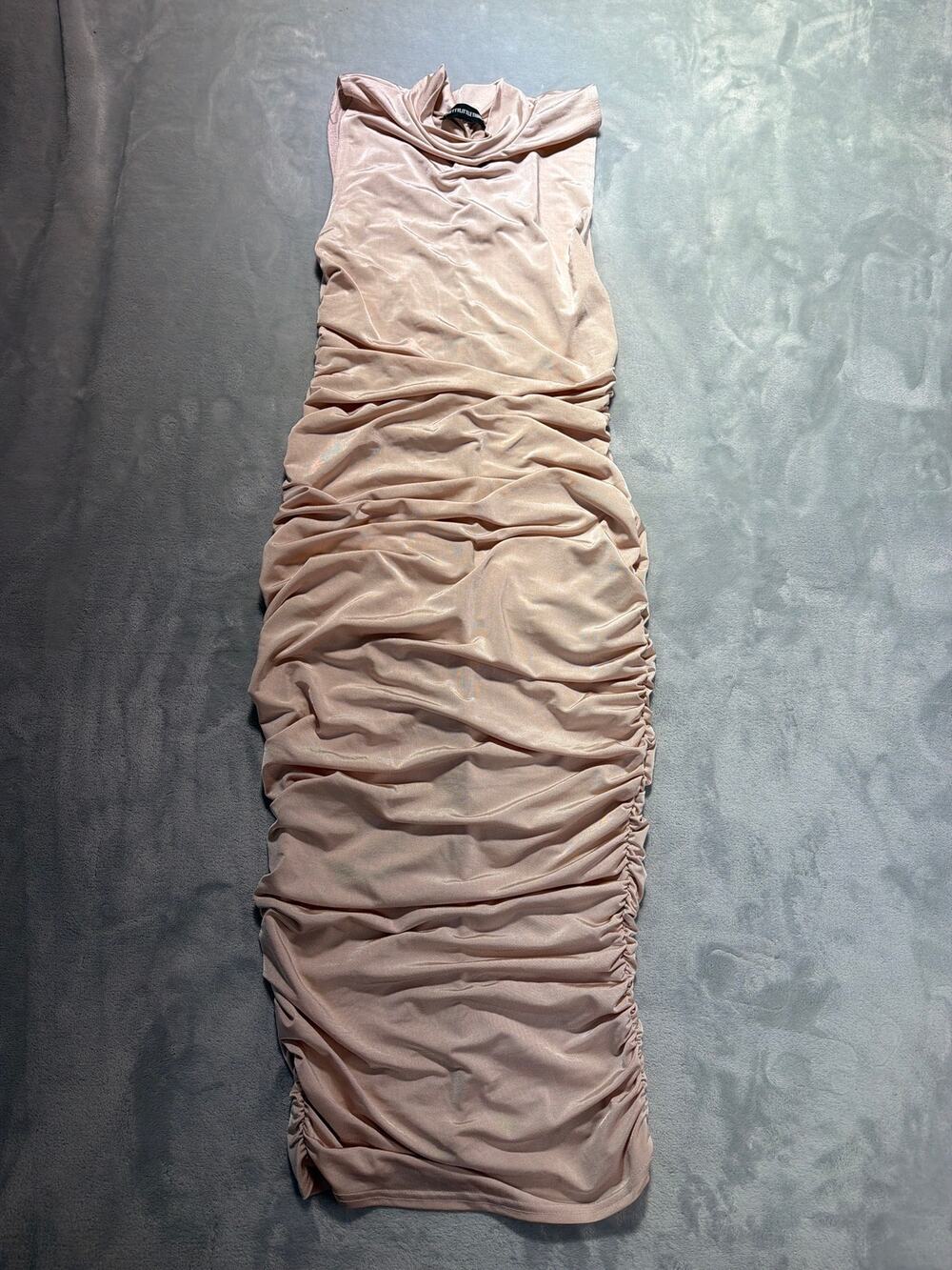 PrettyLittleThing Nude Slinky High Neck Ruched Bodycon Midi Dress XS